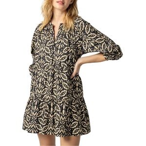 LILLA PTIERED SPLIT NECK DRESS IN KHAKI MOTIF Cotton Poplin In Black Khaki Small